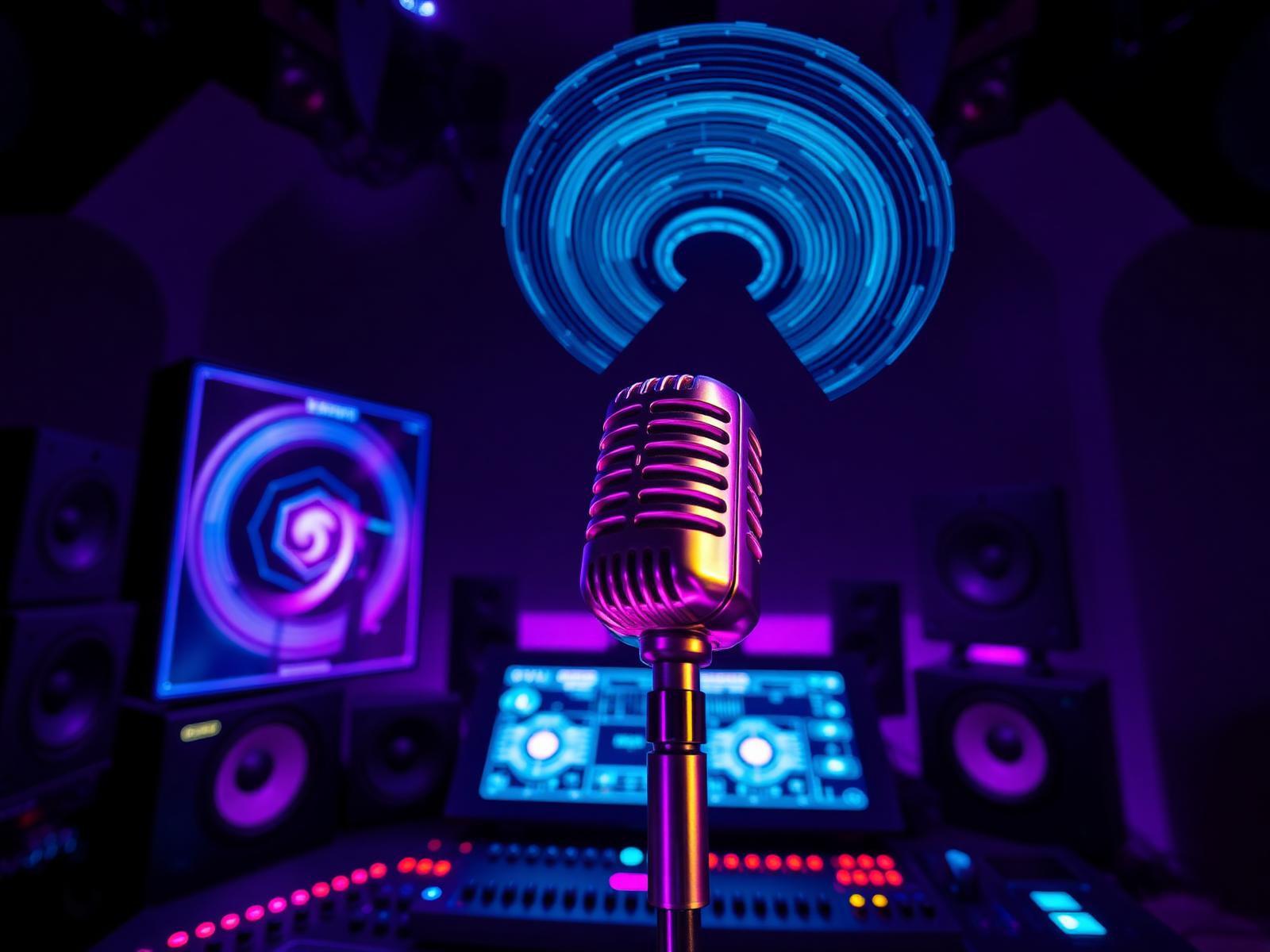 VKFM studio with neon lights, microphone, and production equipment